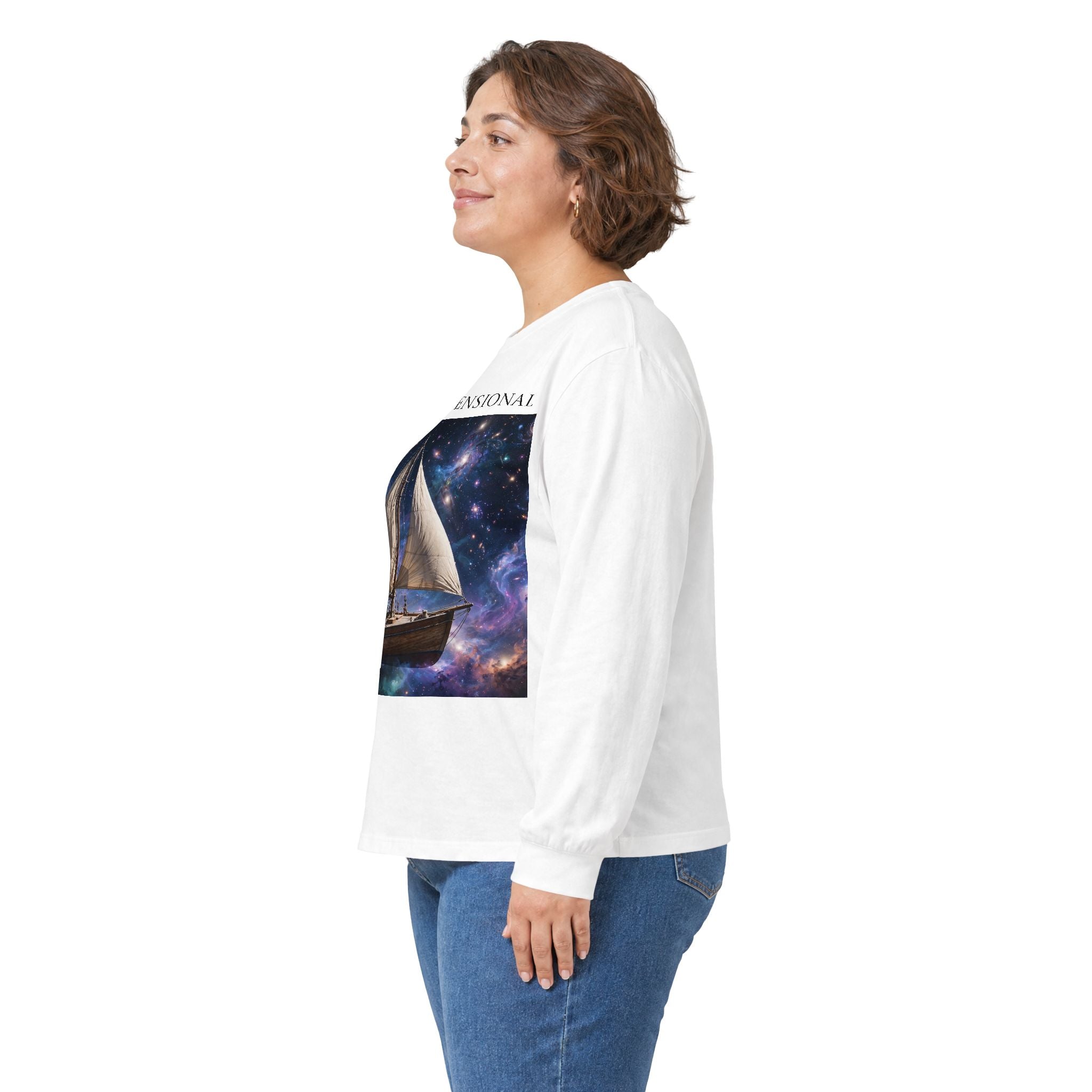 Multidimensional Sailboat Long Sleeve Tee — Cosmic Sail & Galaxy Design